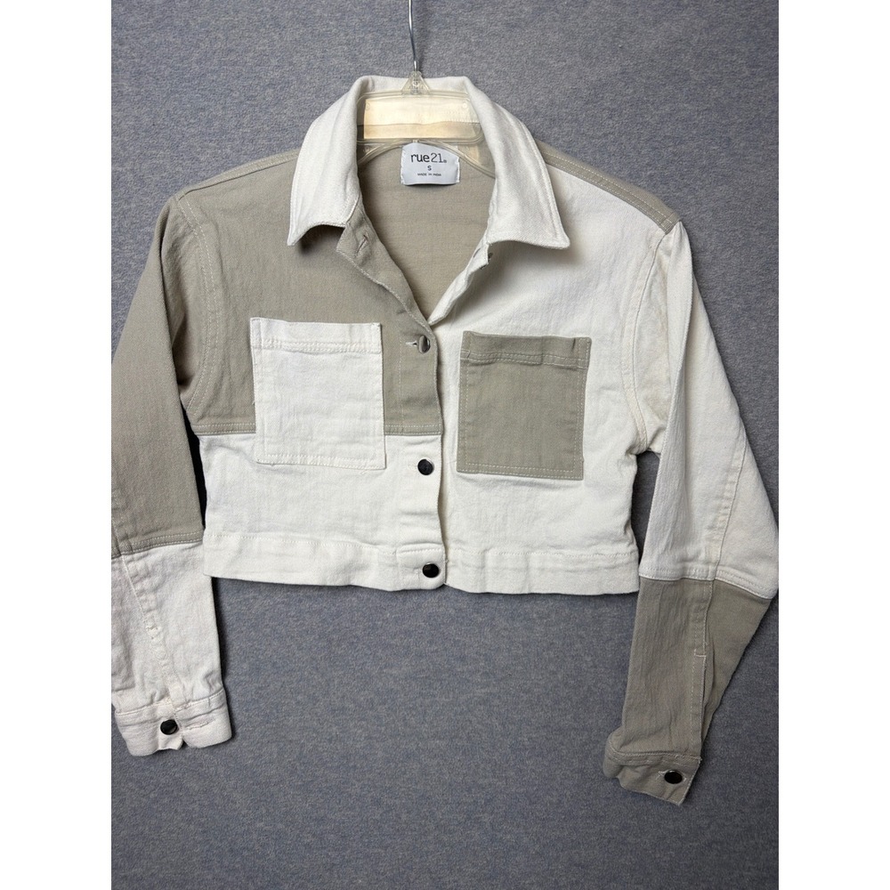 rue21 Womens Colorblock Cropped Denim Jacket White Tan Neutral‎ Size S